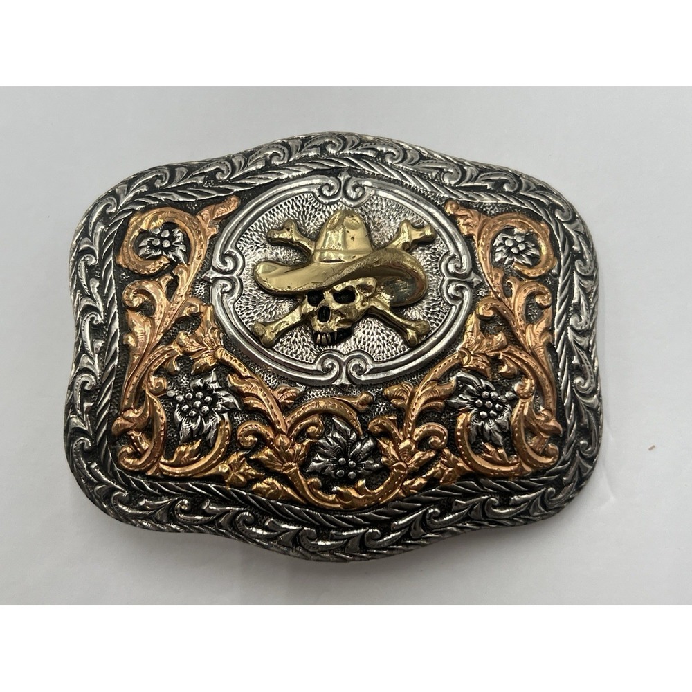 Crumrine Cowboy Skull Crossbones Western Belt Buckle Silver Gold Made Mexico